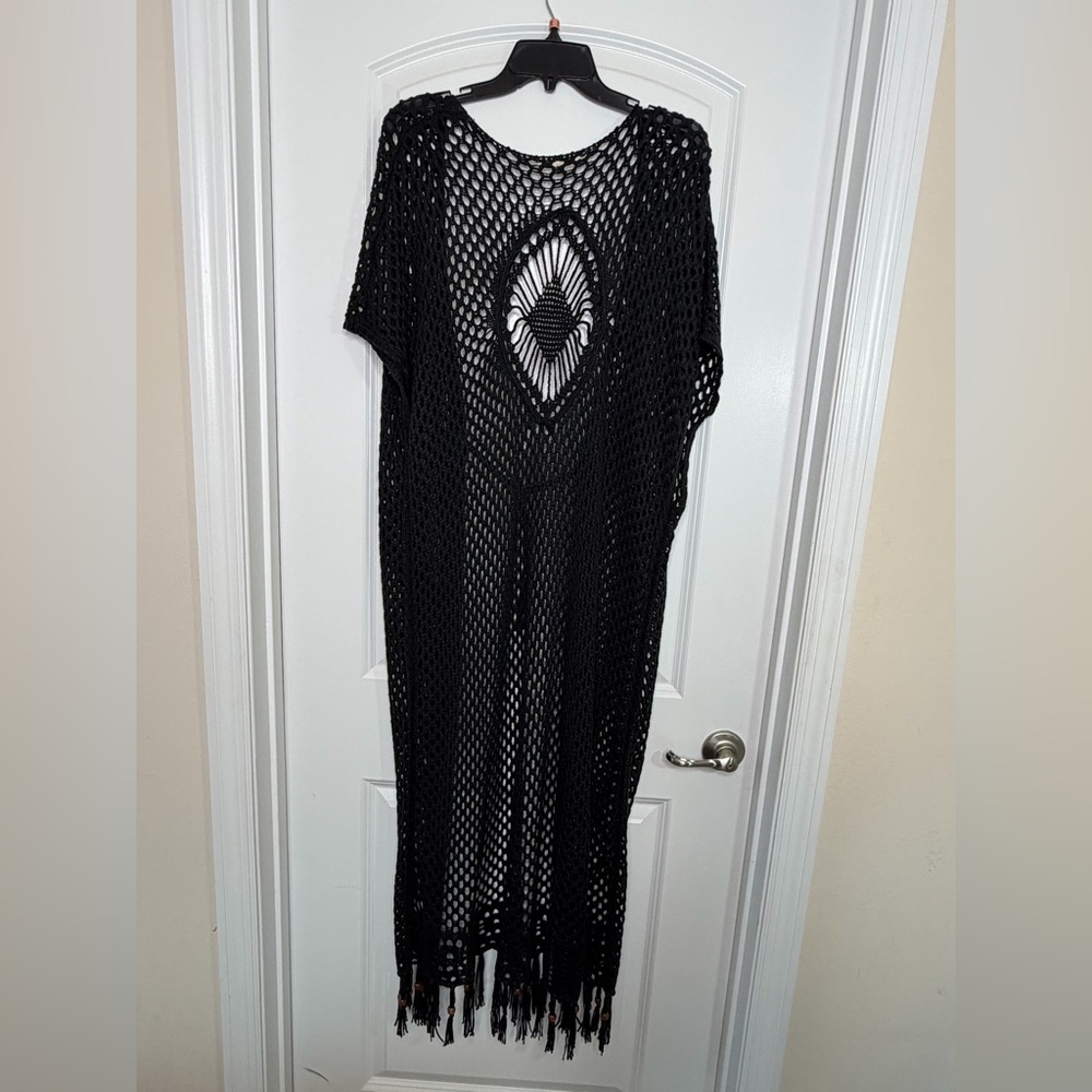 Boho Black Crochet Mesh Kimono Cover-Up Tassel Hem Plus Size 2X‎ - Picture 3 of 14